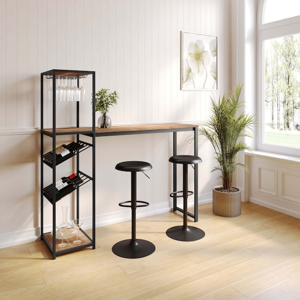 Flash Furniture Jura Metal Bar and Wine Table w/2 Slanted Shelves for Bottle Storage and Hanging Glass, Black Frame NAN-F-HY-B23102-BLKBRN-GG - main